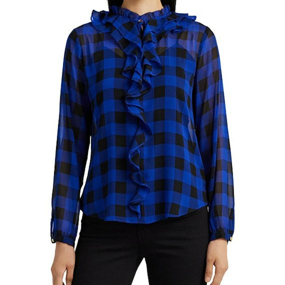 LAUREN RALPH LAURENEN Buffalo Check Ruffled Georgette‎ Blouse EUC Large